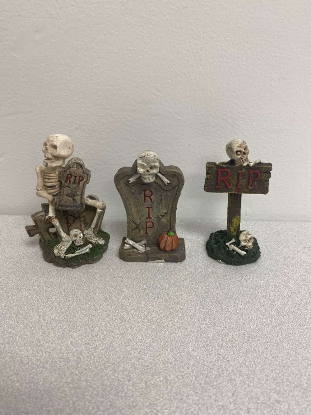 Set Of 3 Miniature Halloween Skeletons With RIP Tombstones 3” Tall